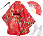 Japanese Anime Women's Dance Kimono Robe Fancy Dress Hand Held Silk Folding Fans Tabi Hairstick Socks Set
