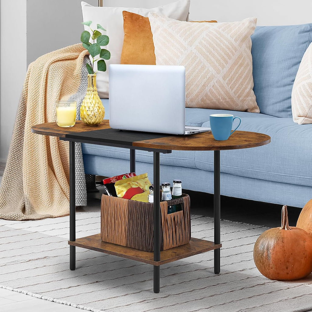 ETELI Small Round Coffee Tables for Small Space Farmhouse Oval Coffee Table with 2-Tier Storage Shelf Circle Center Tea Table for Living