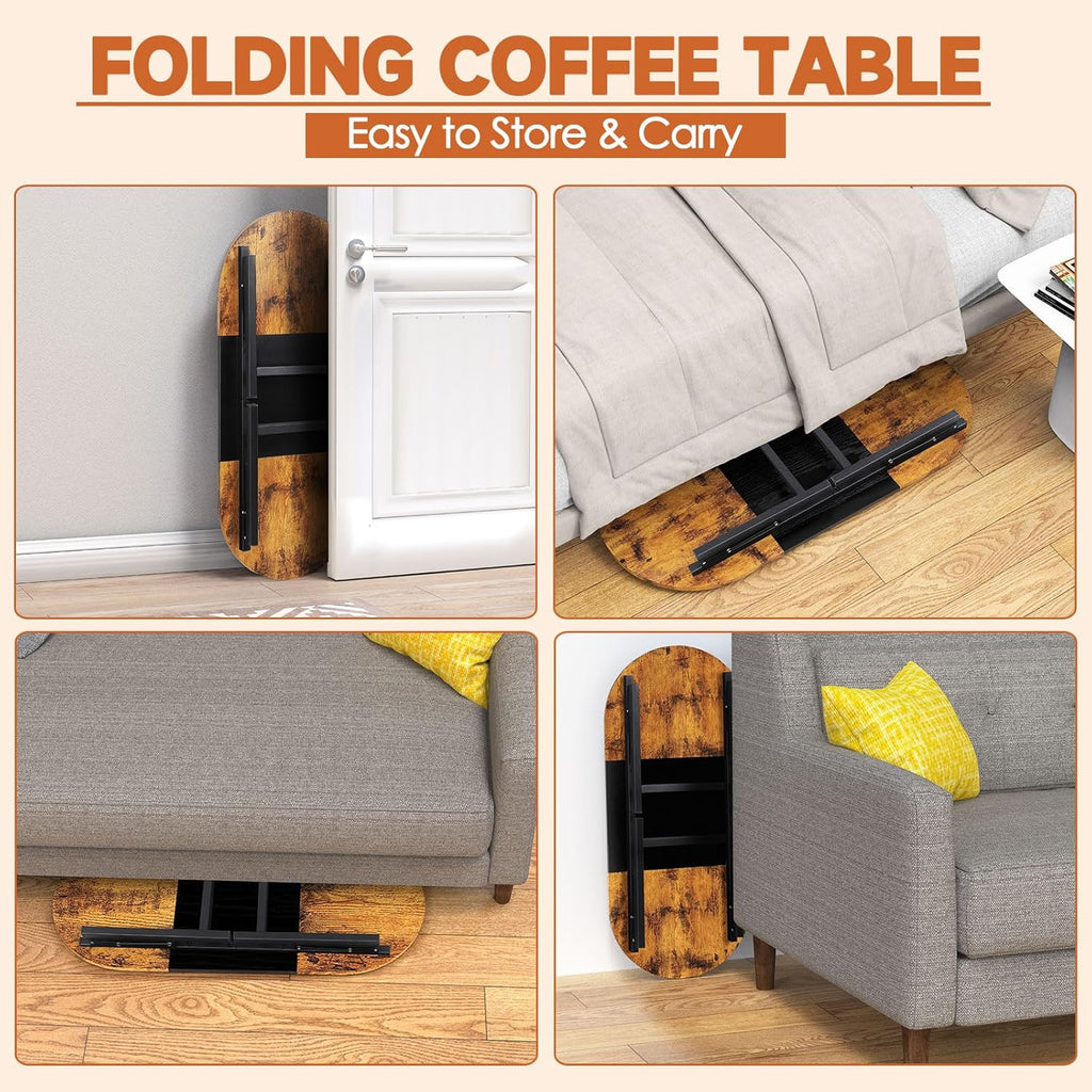 Shinoske Folding Coffee Tables for Small Spaces,35.4" Small Coffee Tables for Living Room,Dorm,Apartment,Space Saving,Rustic Oval Cocktail Tea Table,Easy to Fold,Brown and Black