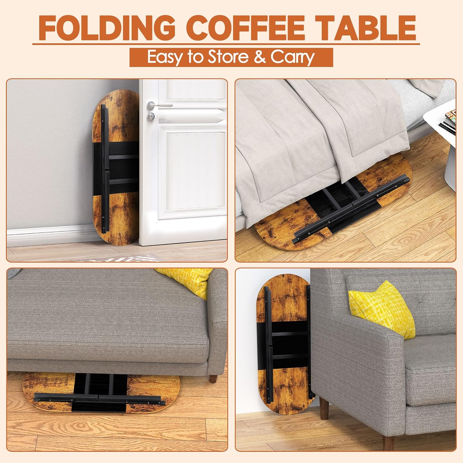 Shinoske Folding Coffee Tables for Small Spaces,35.4" Small Coffee Tables for Living Room,Dorm,Apartment,Space Saving,Rustic Oval Cocktail Tea Table,Easy to Fold,Brown and Black