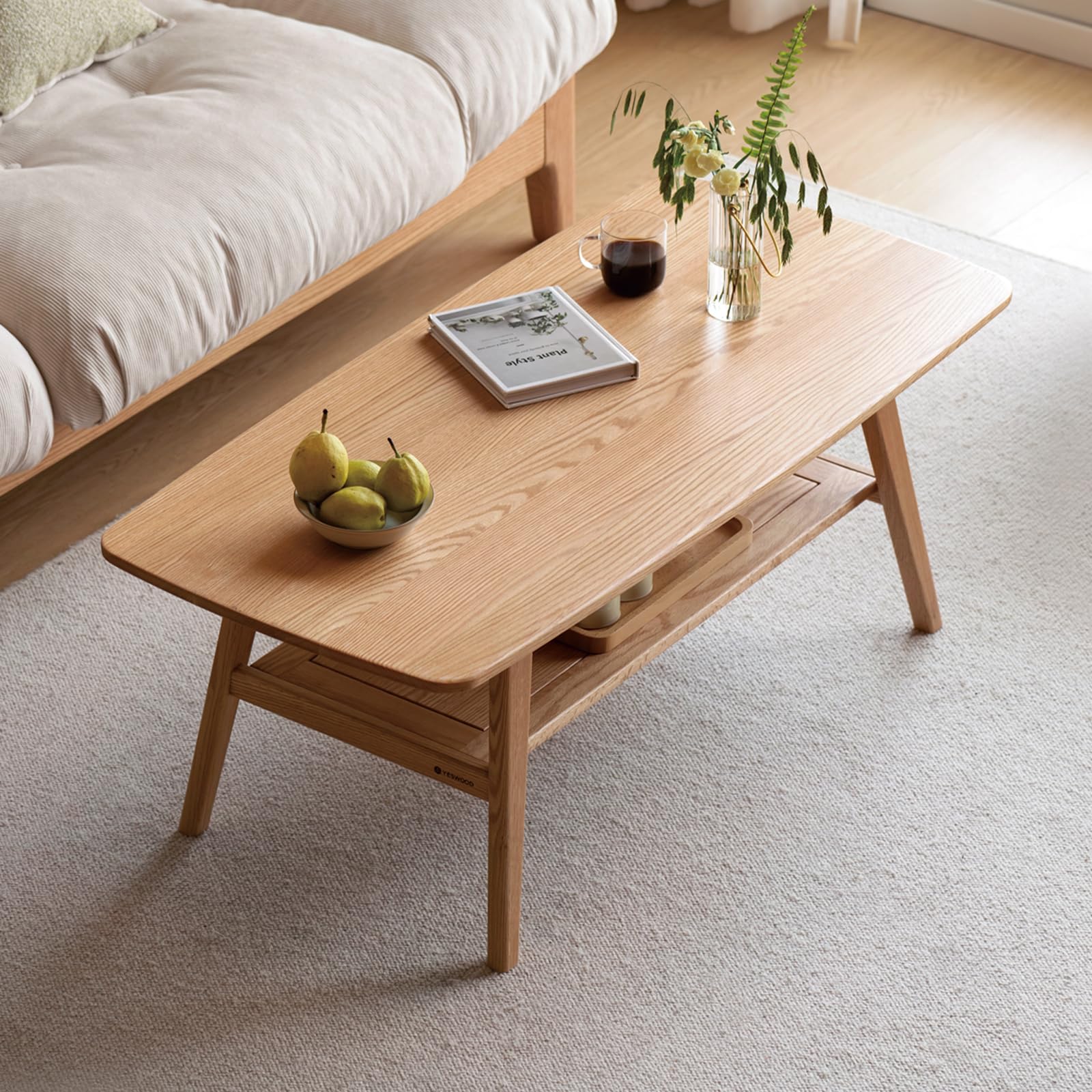 100% Solid Wood Coffee Table for Living Room, 31.5" Small Tables with Shelf Storage, Mid Century Modern Storage Coffee Table with Rounded Corners (Oak Wood Walnut Color)