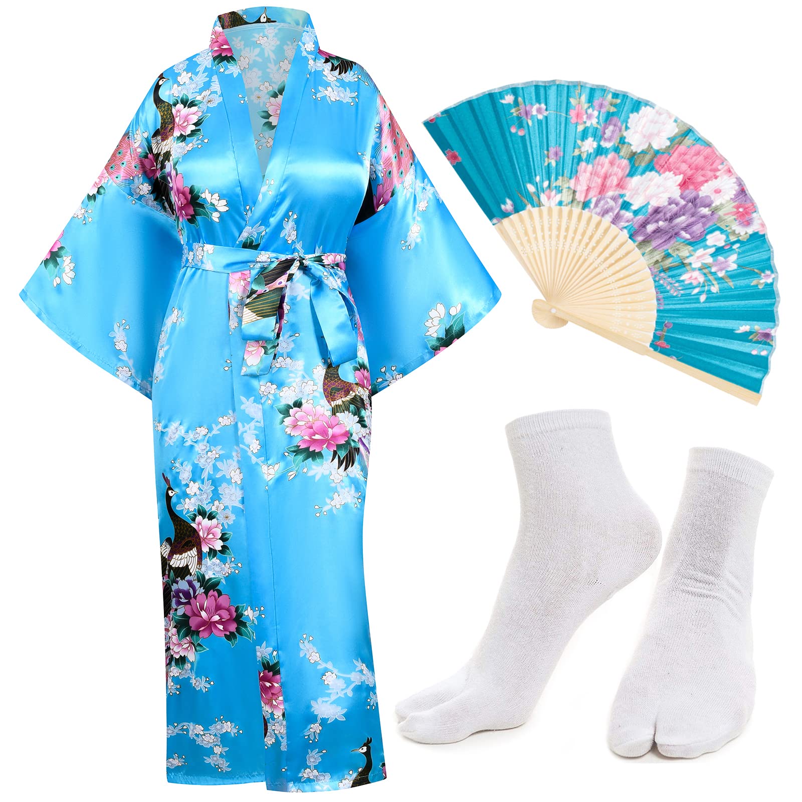 Heone Kimono Satin Peacock Printed Lightweight Cardigan Jacket Coat Yukata Cloak Bathrobe Tops folding Fans Tabi Socks Set