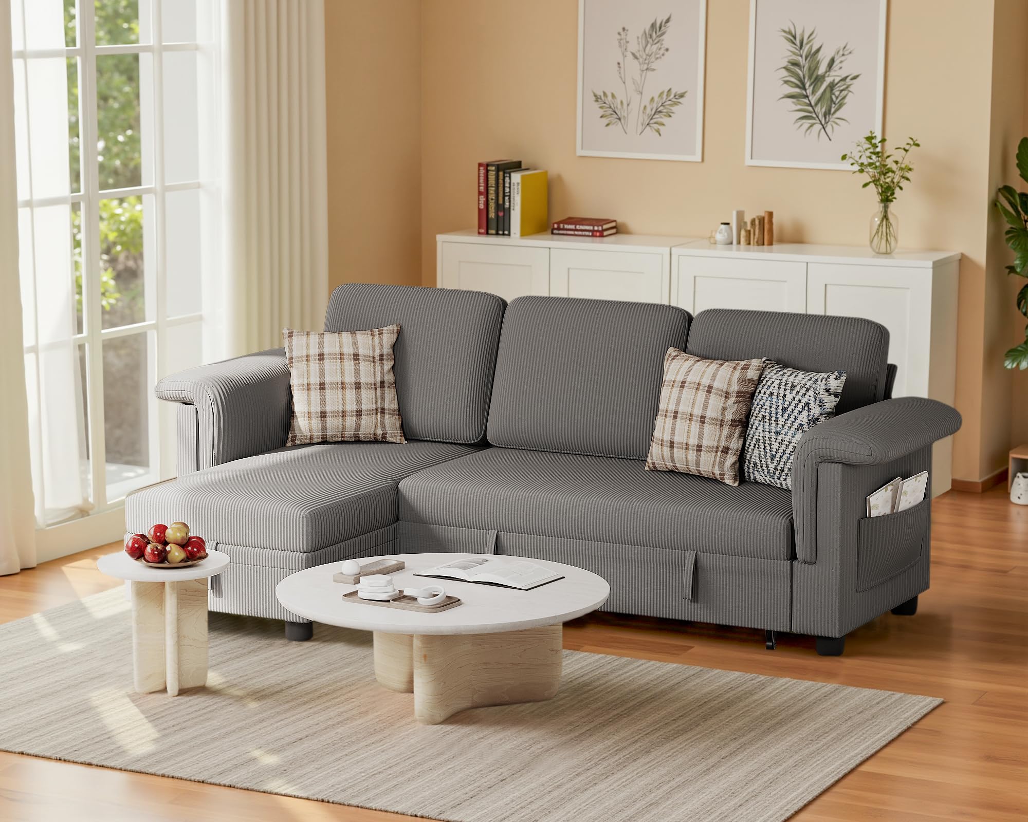 Homall Sleeper Sofa, Pull Out Sofa Couch Bed with Storage Reversible Chaise, L-Shaped Sofas with Side Pocket for Living Room, Small Space (Linen Fabric, Dark Grey)