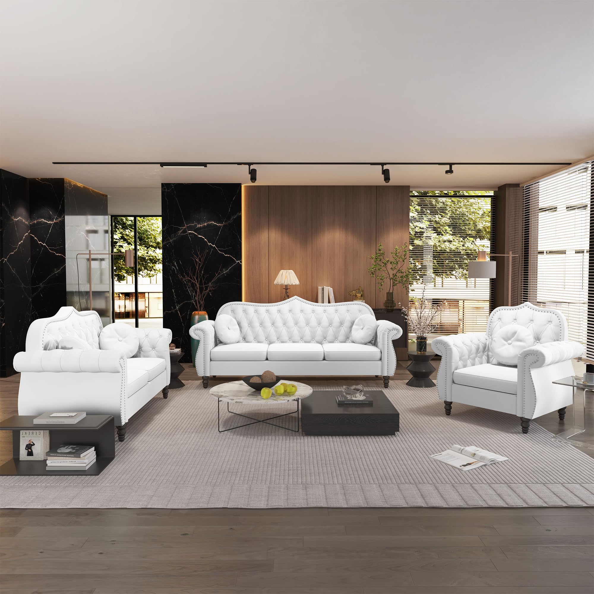 AVZEAR Chesterfield 3-Piece Living Room Sectional Sofa Set, Mid-Century Modern Upholstered PU Couch, Classic Tufted Button Sofa with Nailhead Trim for Living Room, Office (Brown)