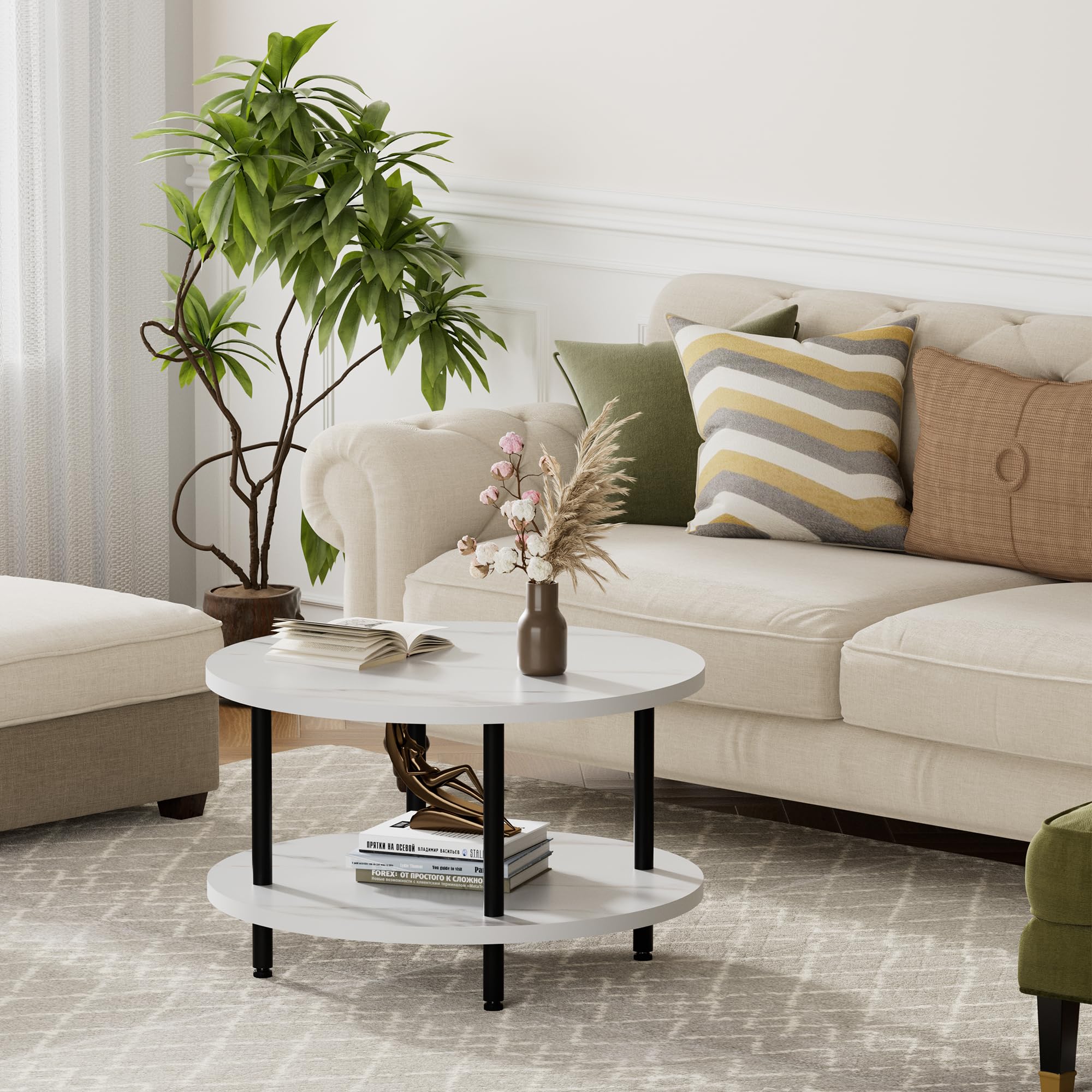 Round Coffee Table, Small Coffee Tables for Living Room, Wood Coffee Table with Metal Frame, Floor Table Desk for Sitting on The Floor, Home, Office, Farmhouse, Rustic Brown (23.6"D x 17.7"H)