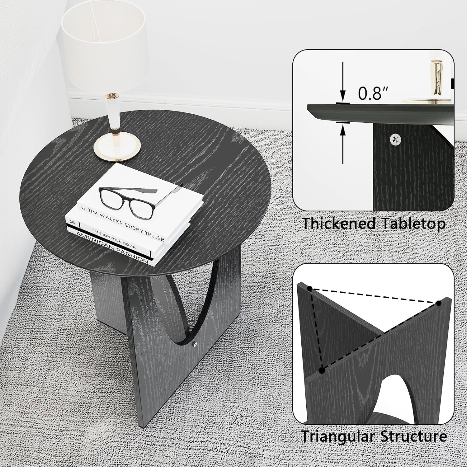 Round Black Side Table, Unique End Table and Small Coffee Table for Living Room, Balcony Room