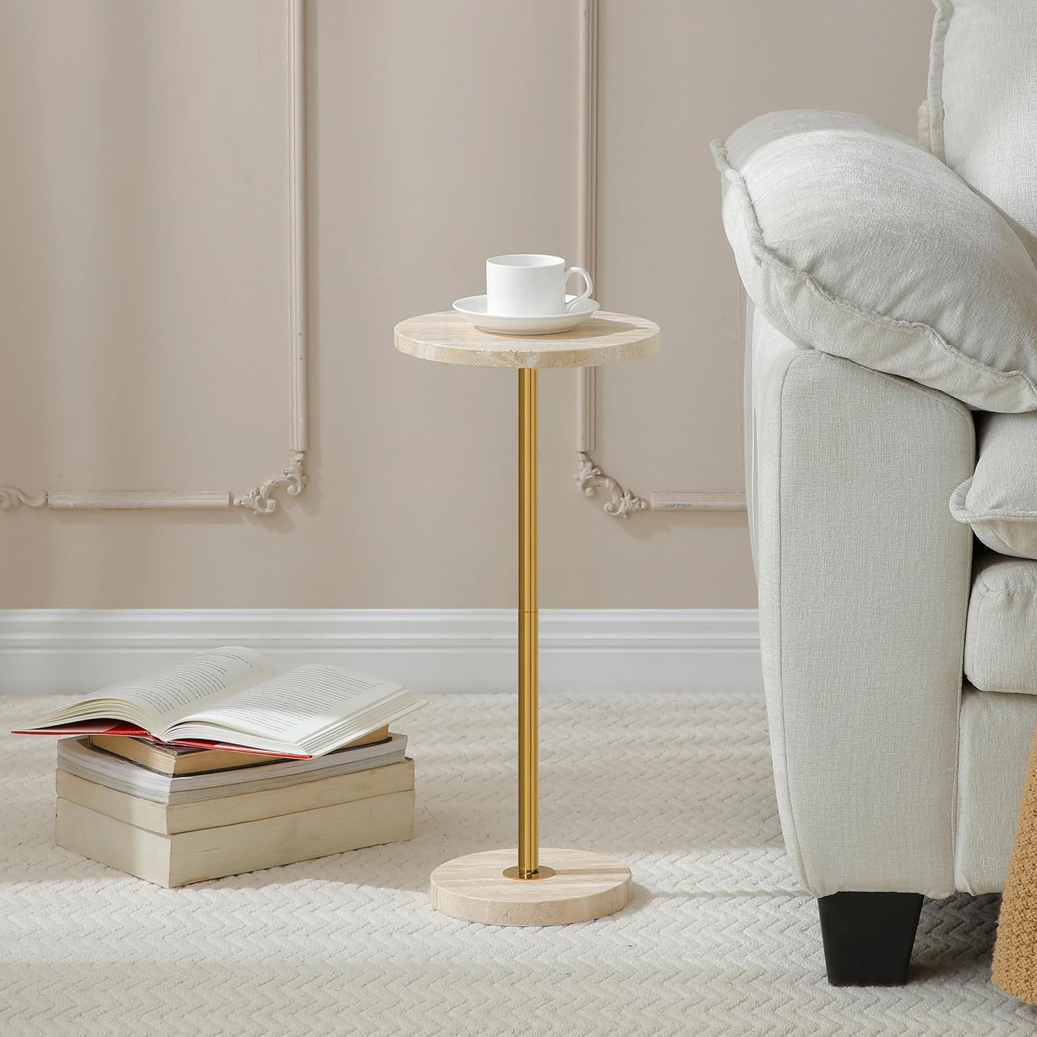 Φ9.8-inch Marble Round Drink Table, Stone Finish Pedestal End Table for Living Room, Weighted Base Small Accent Side Table for Small Space Office - Beige