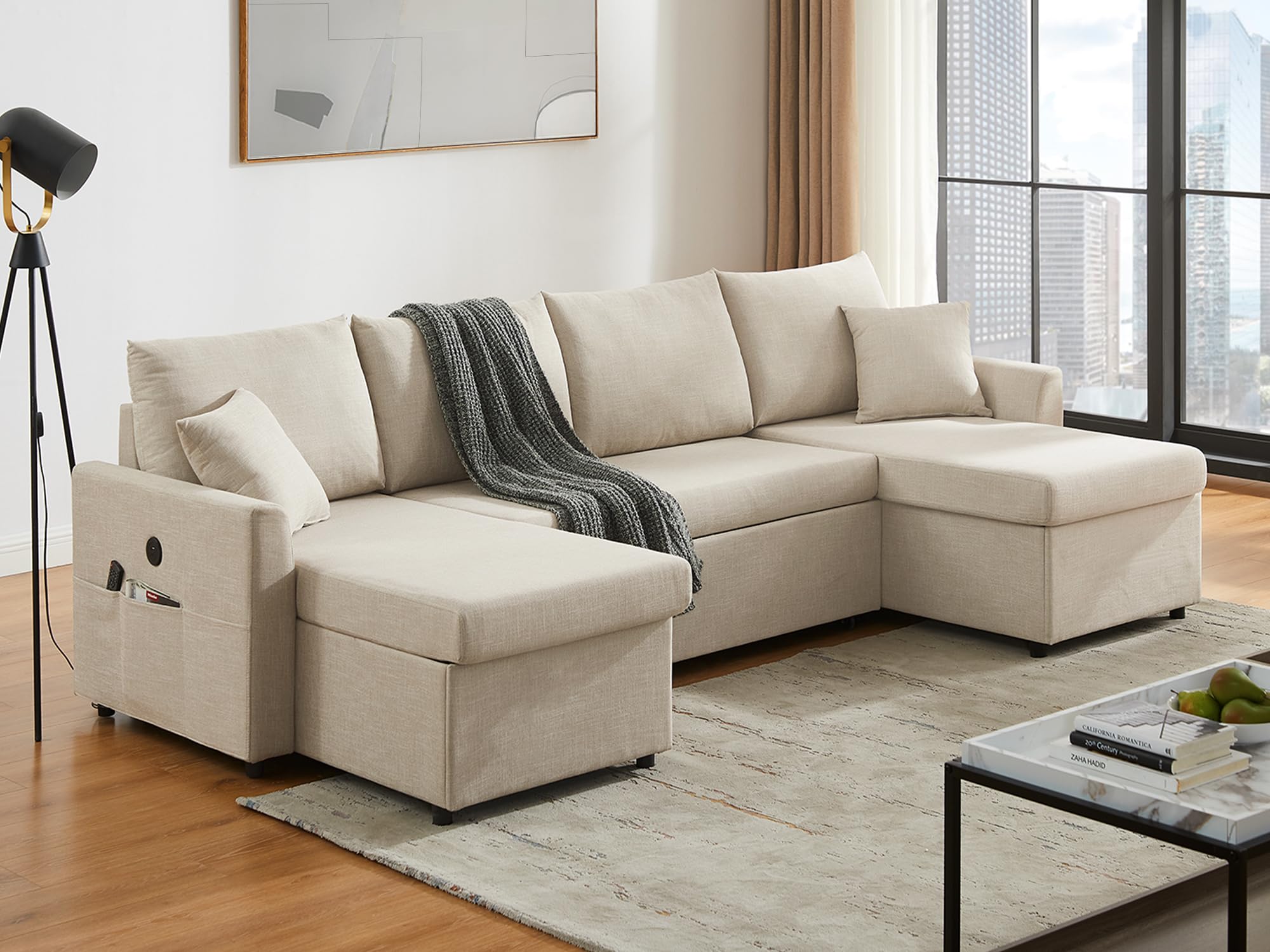 L Shaped Convertible Sleeper Sofa Bed, 84" Sectional Couch for Living Room - Pull Out Bed, Reversible Chaise with Storage, Dual USB-C Charging, Removable & Washable Dark Grey Linen Covers