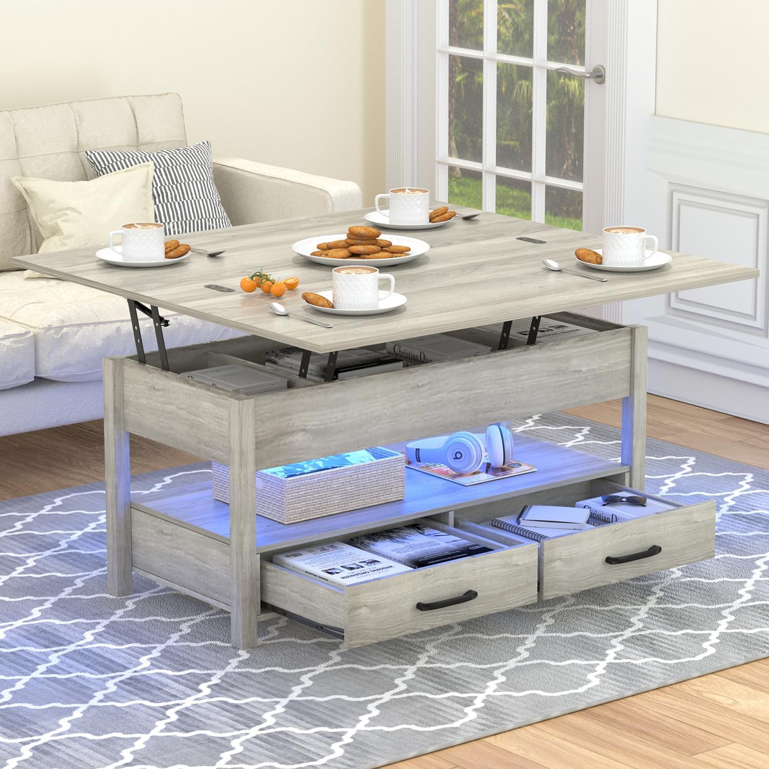 42'' Lift Top Coffee Table with LED, 4-in-1 Multifunctional Coffee Table with Drawers and Hidden Compartments, Converts to Dining Table for Living Room, Reception Room, Grey