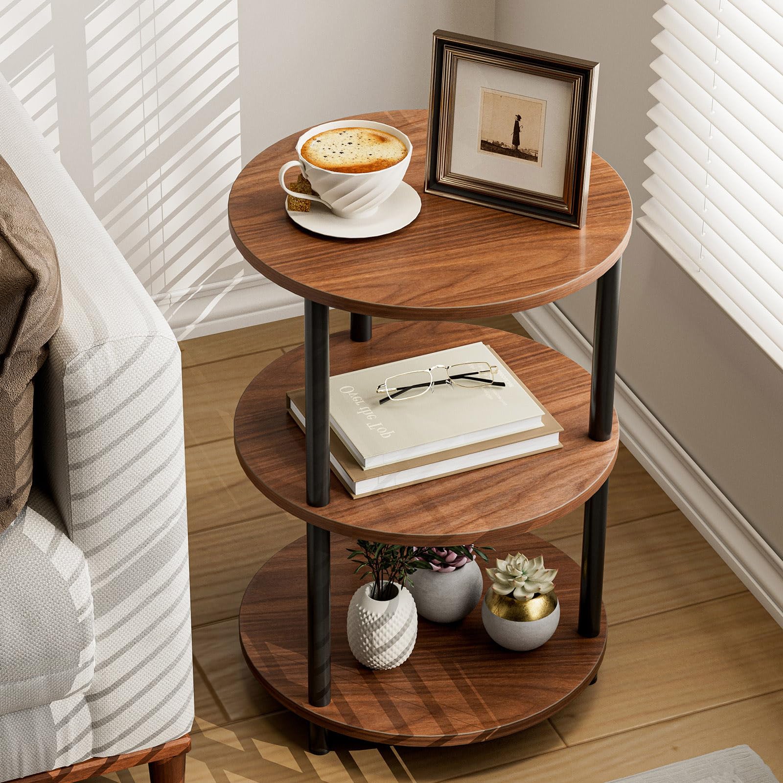 Small Round End Table - 3 Tier Design Accent Table, Narrow Side or Bedside Stand, Industrial Vintage Nightstand for Bedroom, Living Room, or Small Spaces, Rustic Brown