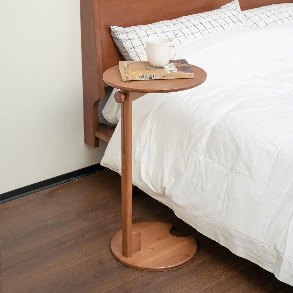 Side Table with Pedestal - Adjustable Height C Shaped End Tables for Small Spaces, Couch, Bedside, Living Room, 14x14x26 Inch TV Tray Round Stand for Drink, Snack, Coffee - Brown