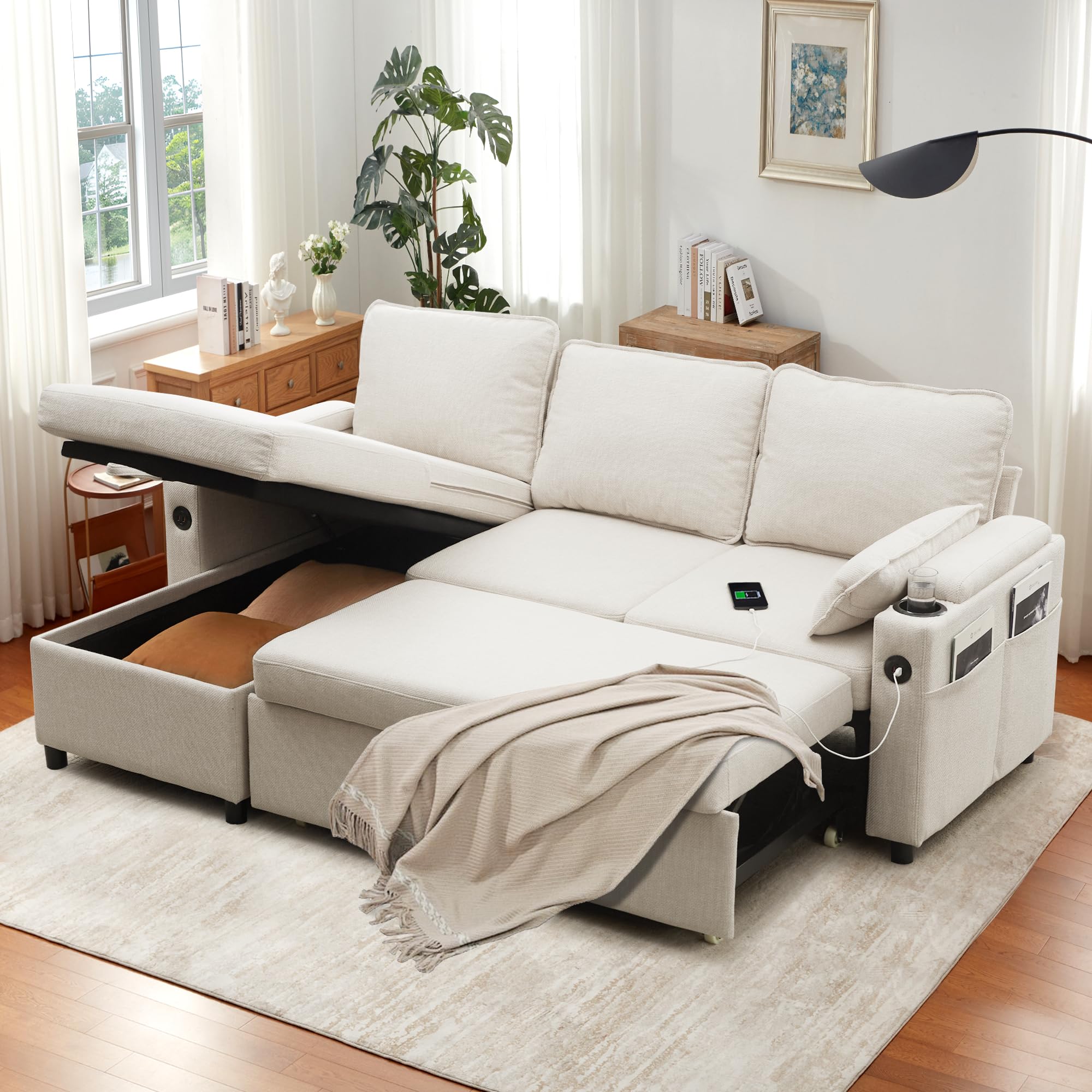 DURASPACE Sofa Bed, Sleeper Sofa Couch with Pullout Bed for Living Room, L Shaped Couch with Storage Chaise, USB, Cup Holder (Dark Gray)