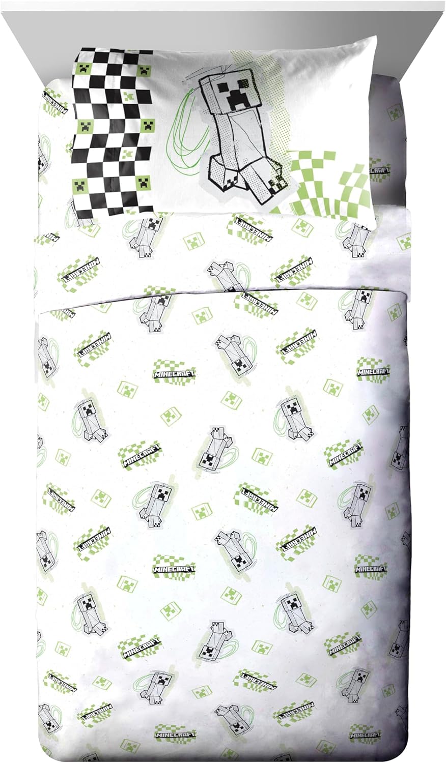 Jay Franco Minecraft Creeper Twin Comforter Set - 5 Piece Bedding Includes Sheet Set & Pillow Covers - Super Soft Gren & Gray Bedding