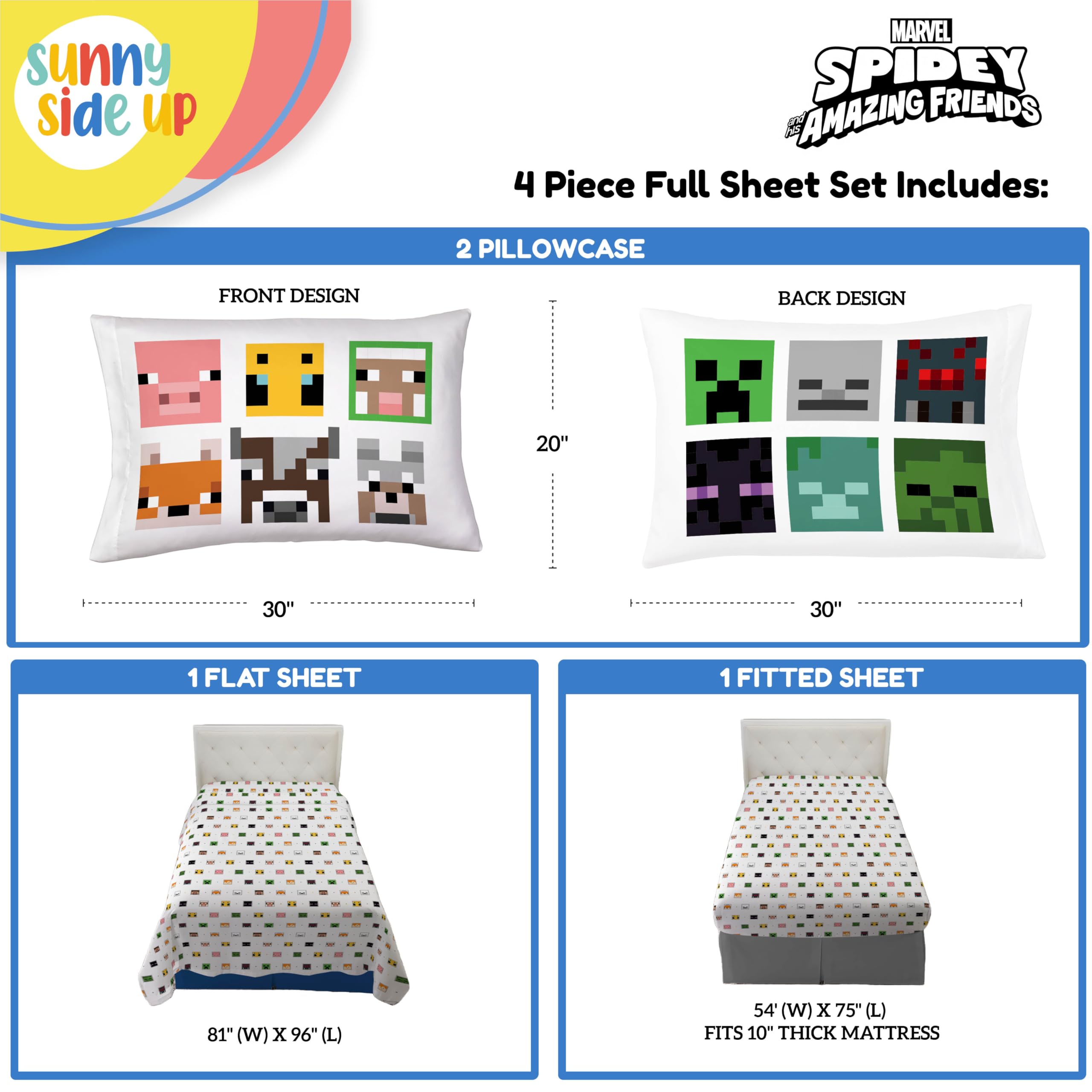 Sunny Side Up Minecraft Creeper & Animals Twin Sheet Set - 3 Piece Kids Bedding Set Includes Pillow Cover - Super Soft Microfiber Sheets