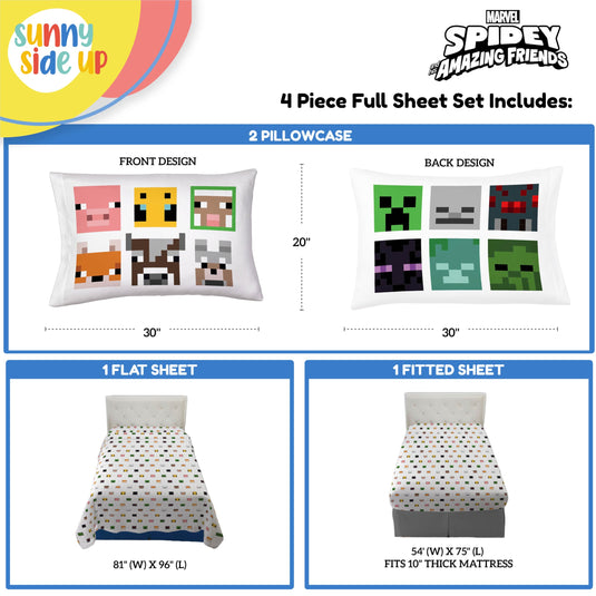 Sunny Side Up Minecraft Creeper & Animals Twin Sheet Set - 3 Piece Kids Bedding Set Includes Pillow Cover - Super Soft Microfiber Sheets