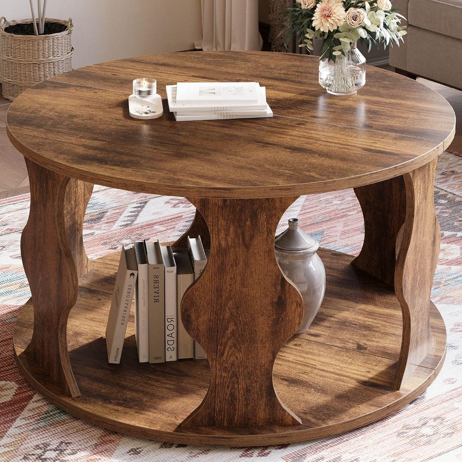 HSH Round Wood Coffee Table, 2 Tier Circle Center Table with Storage, Farmhouse Modern Wooden Living Room Coffee Tea Tables, Unique Vintage Circular Middle Cocktail Table, 31.5 in Rustic Brown