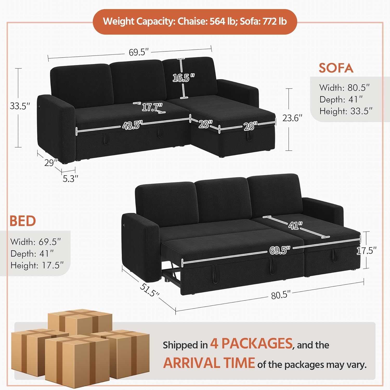 Yaheetech Sectional Sofa L-Shaped Sofa Couch Bed w/Chaise & USB, Reversible Couch Sleeper w/Pull Out Bed & Storage Space Living Room Black
