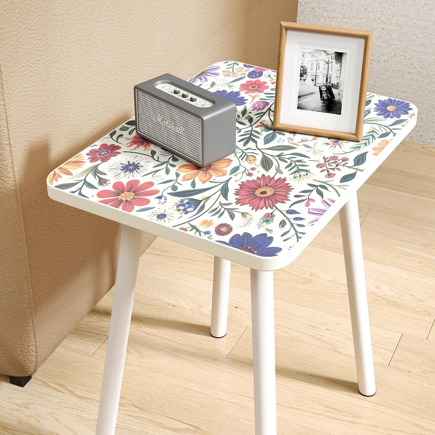 Mandala Small Rectangle End Table, Side Table with Black Flowers Finish, Retro Modern Small Coffee Table for Balcony, Living Room(11.8" D x 15.7" W x 17" H, White, Rectangle)