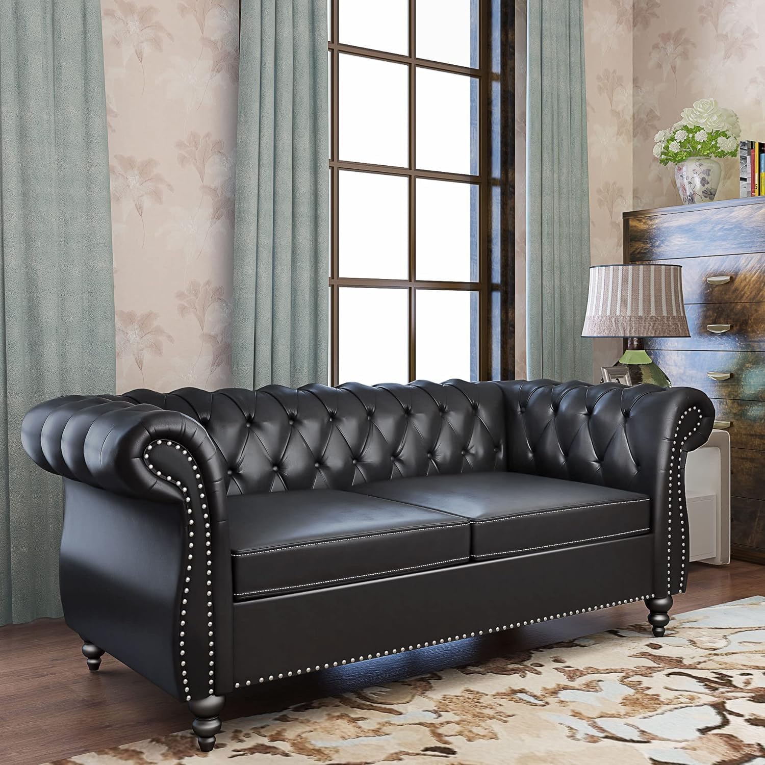 AVZEAR Chesterfield Loveseat Sofa, Upholstered Sofa Modern 2 Seater Couch Sofa Set Style Button Tufted, Mid-Century PU Chesterfield Sofa for Living Room Apartment, PU Black