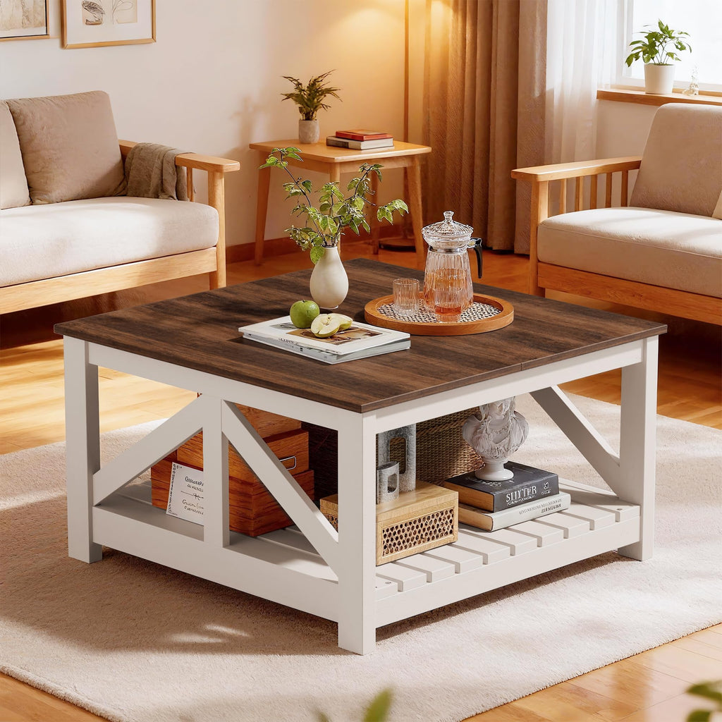 JUMMICO Square Coffee Table with Dual Storage Compartments, Modern Wood Cocktail Table for Living Room, Farmhouse Lounge & Office Reception (Gray & White)