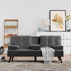 Shintenchi Futon Sofa Bed, Velvet Foldable Couch Reclining Sleeper w/Removable Armrests, Upholstered Loveseat w/Folding Cup Holders for Home, Office, Dark Gray