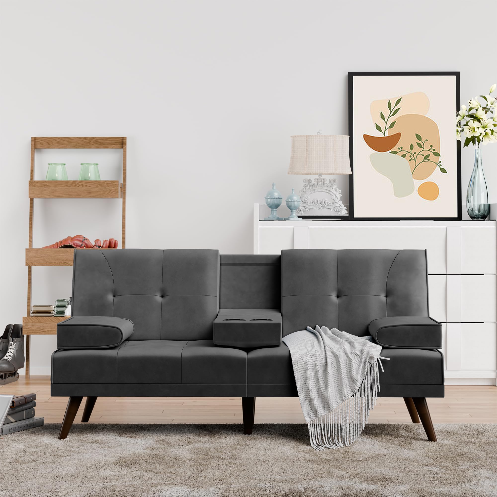 Shintenchi Futon Sofa Bed, Velvet Foldable Couch Reclining Sleeper w/Removable Armrests, Upholstered Loveseat w/Folding Cup Holders for Home, Office, Dark Gray