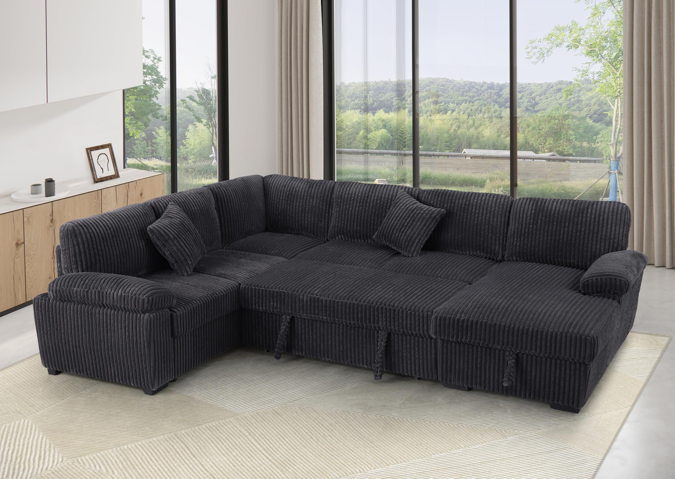 Oversized U-Shaped Sleeper Sectional Sofa Modern Fluffy Corduroy Upholstered Corner Convertible Sofabed with Pull Out Sleeper Couch Bed ,Storage Left Chaise and Pillows for Living Room Furniture Sets