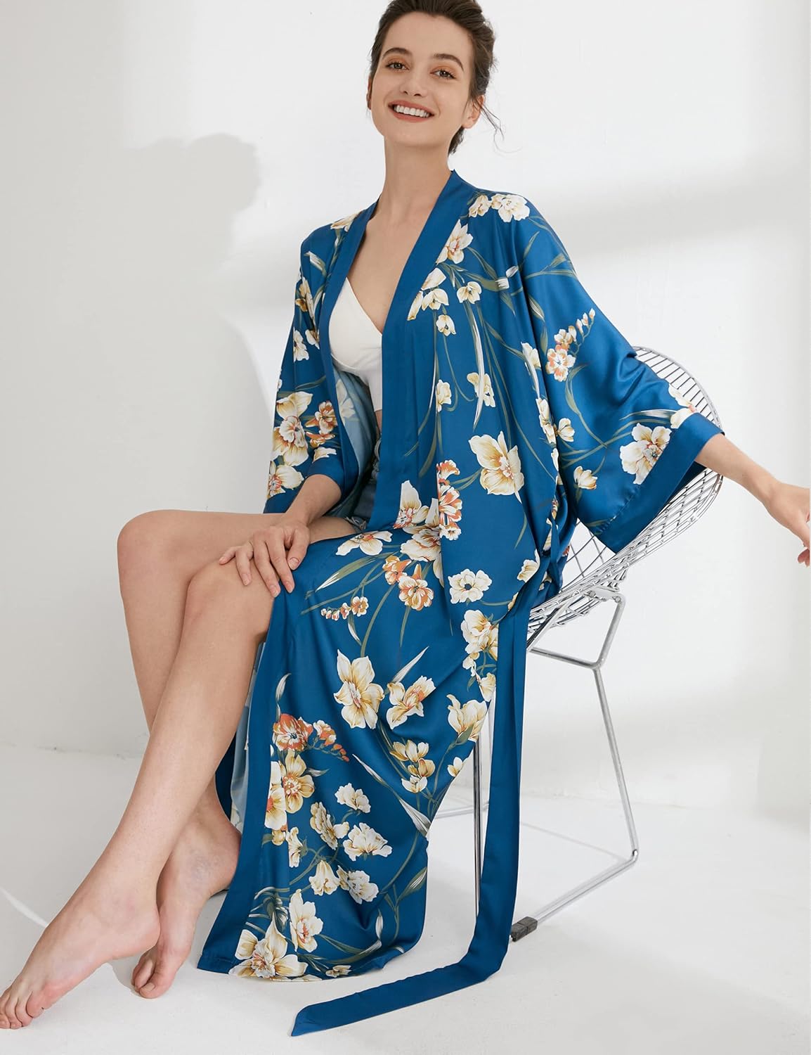 Aensso Long Soft Lightweight Silky Kimonos Robes for Women, Luxury Japanese Floral Womens Kimono Robe