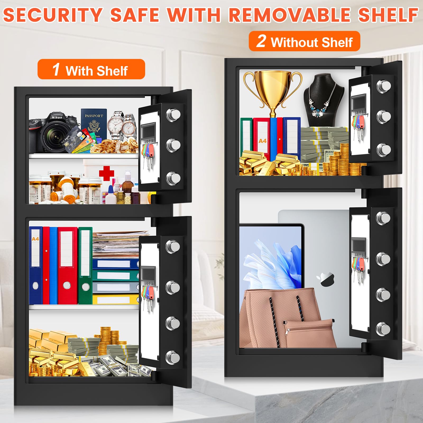 8.3Cuft Heavy Duty Safe Box, Extra Large Home Safe With Fireproof Waterproof Bag, Double DOOR, HIDDEN LOCK BOX, Smart Alert, Anti-Theft Digital Security Document Safes Box For Money Business Office