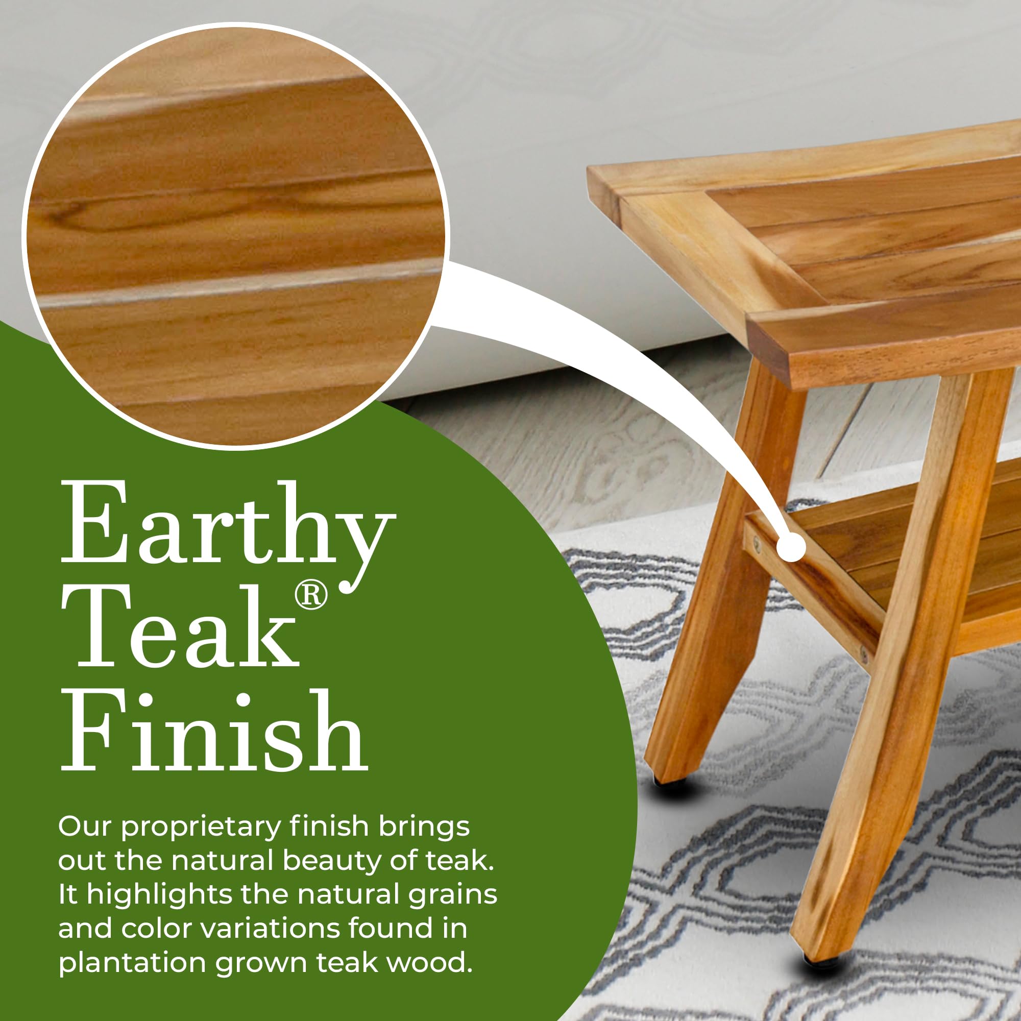 EcoDecors 34 Inch Satori Natural Teak Waterproof Teak Wood Shower Bench Stool Seat Chair For Inside Shower Provides Safety, Storage, and Organization For Bathroom Accessories