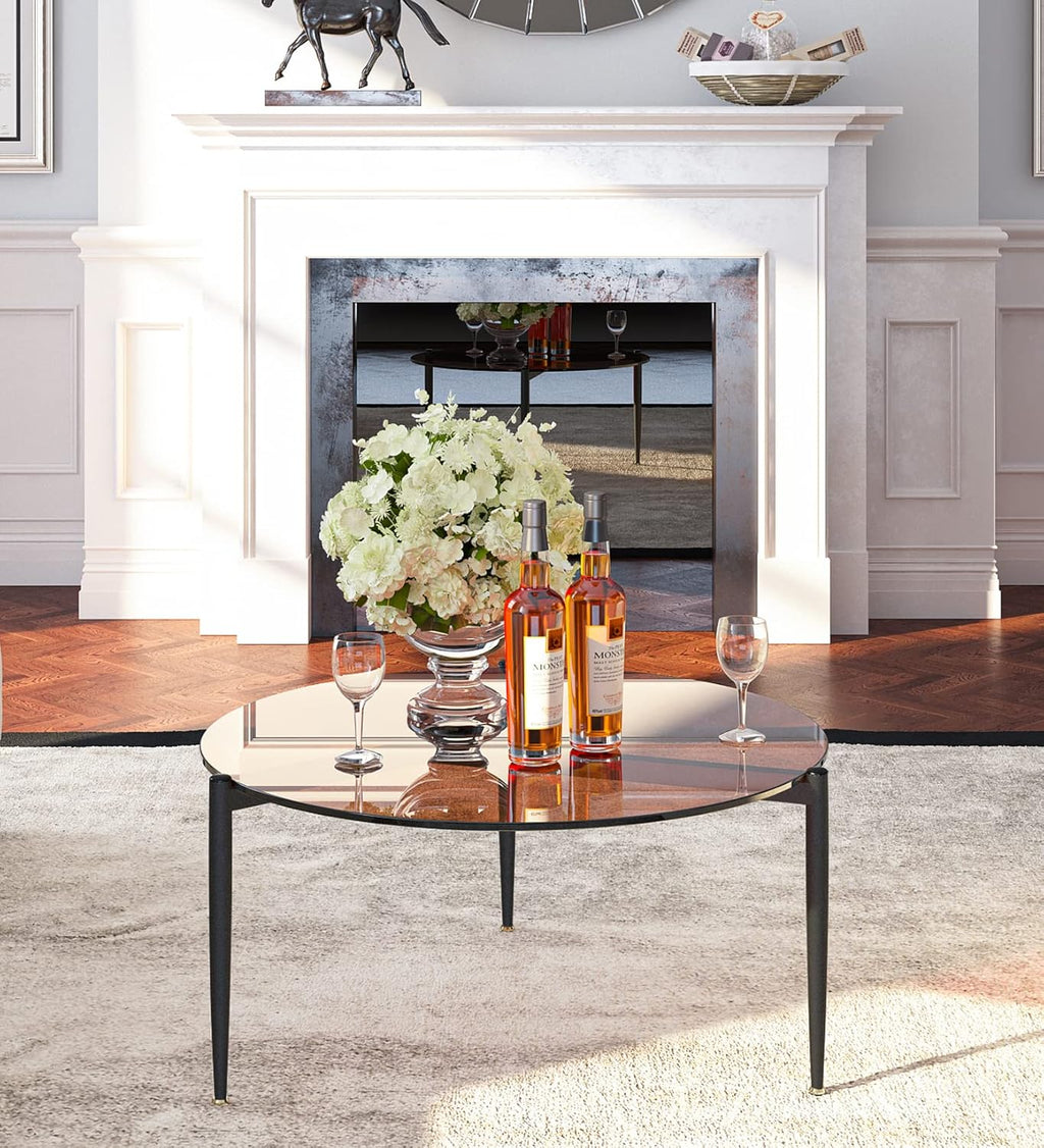 Round Tempered Glass Table 31.5 inch Large Circle Top Metal Frame Brown