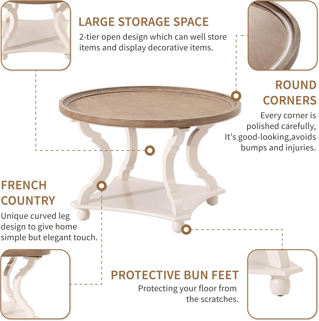 Round Farmhouse Coffee Table with Handmade Finish, Wood Tray Top Rustic Coffee Table for Added Thickness, Accent Table with Storage for Living Room, Small Place, White, Circle
