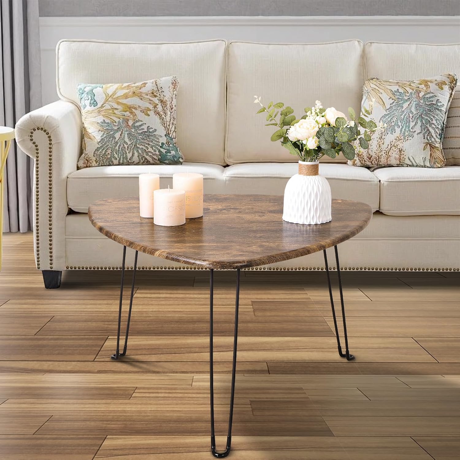 Folding Coffee Table Triangle Designs Oval Coffee Tables Mid Century Wooden Triangular Accent Table with Metal Legs Foldable Industrial Sofa Center Table for Living Room Space Saving