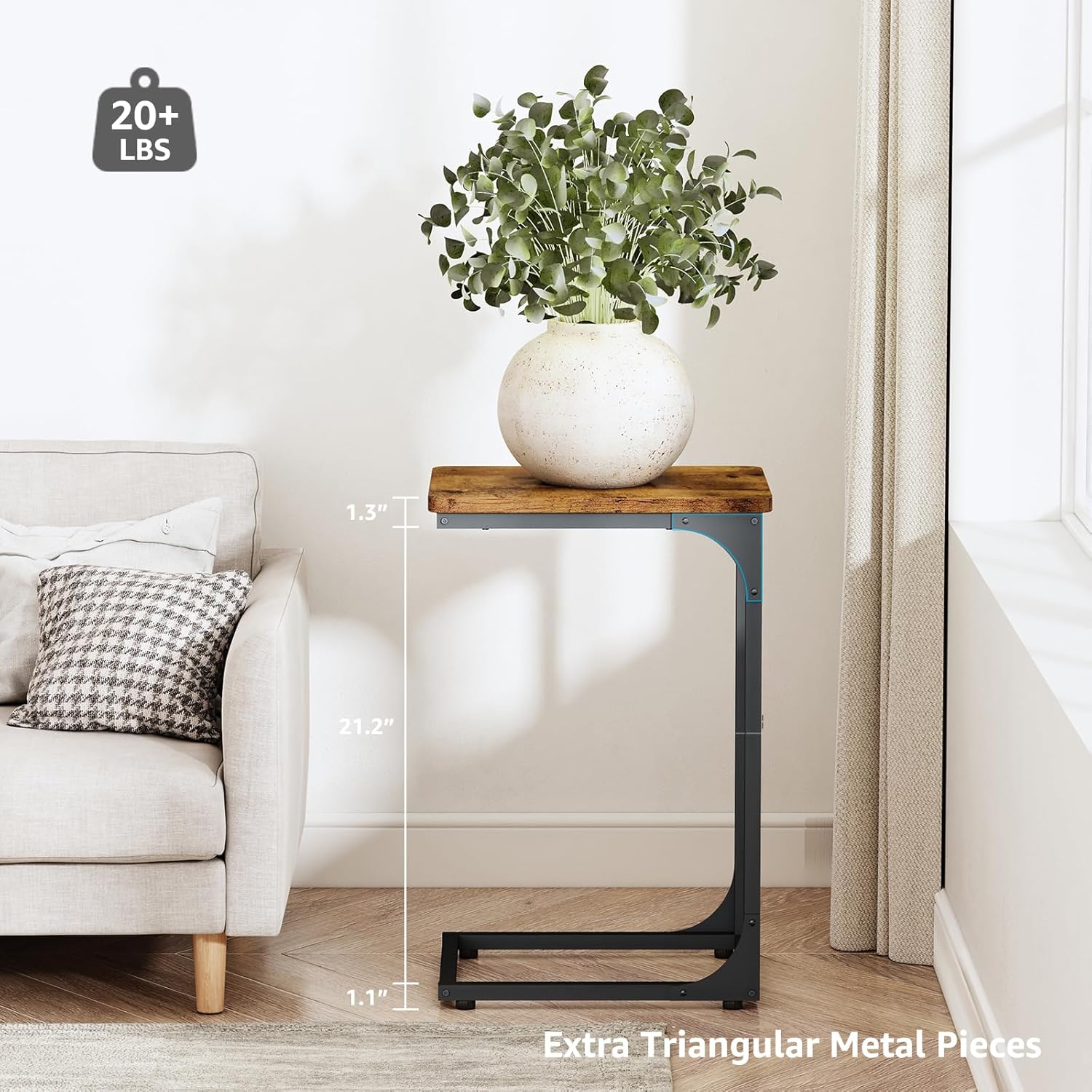 QEEIG C Shaped Side Table Set of 2 Living Room Sets Couch Tray Tables Small Farmhouse 11.8 inch Width, Rustic Brown (017A-30BN)