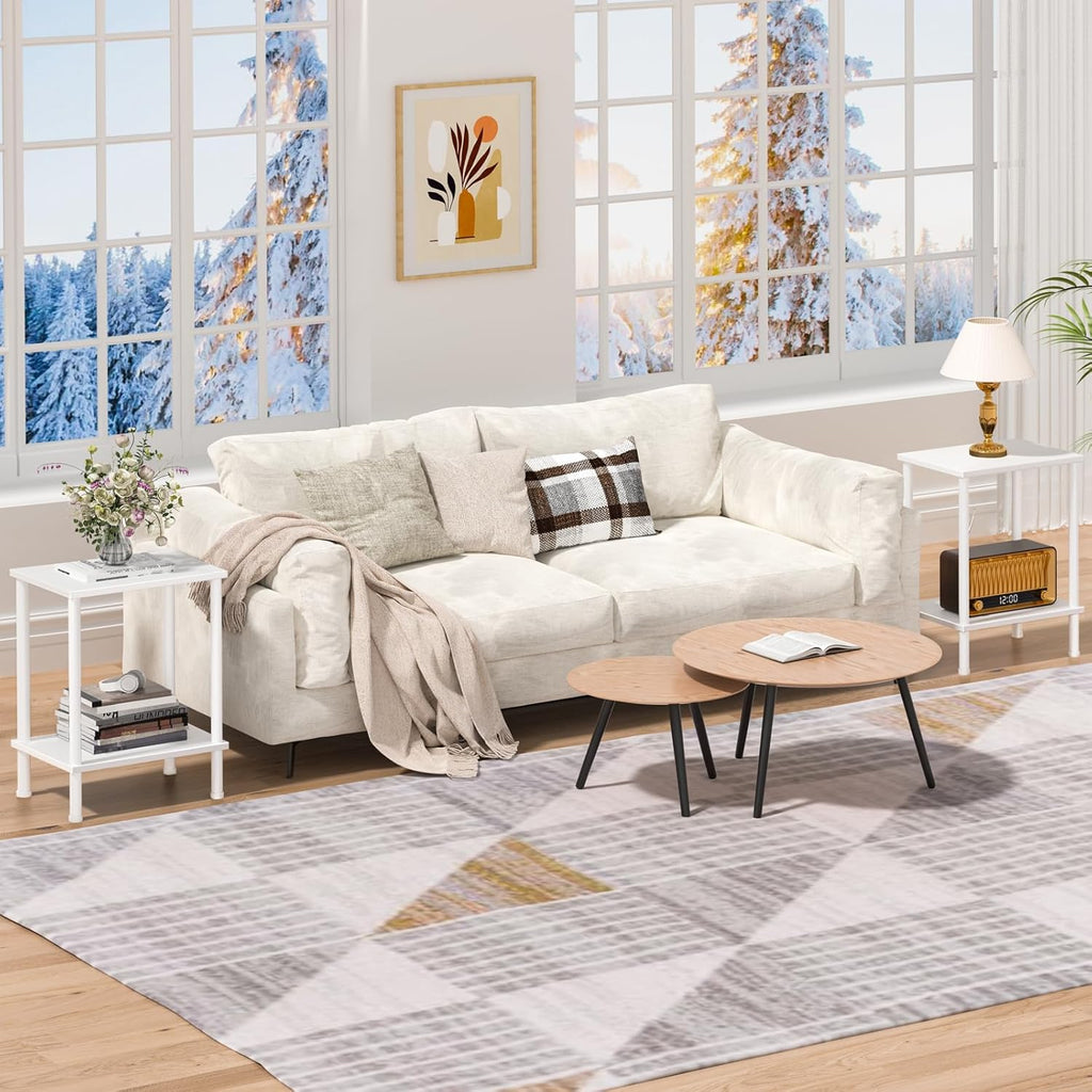 End Table,Small Side Table,2-Tier Nightstand with Storage Shelf,Sofa Bedside Table for Small Spaces in Living Room,Bedroom, Office,Stable Frame,Easy Assembly,White