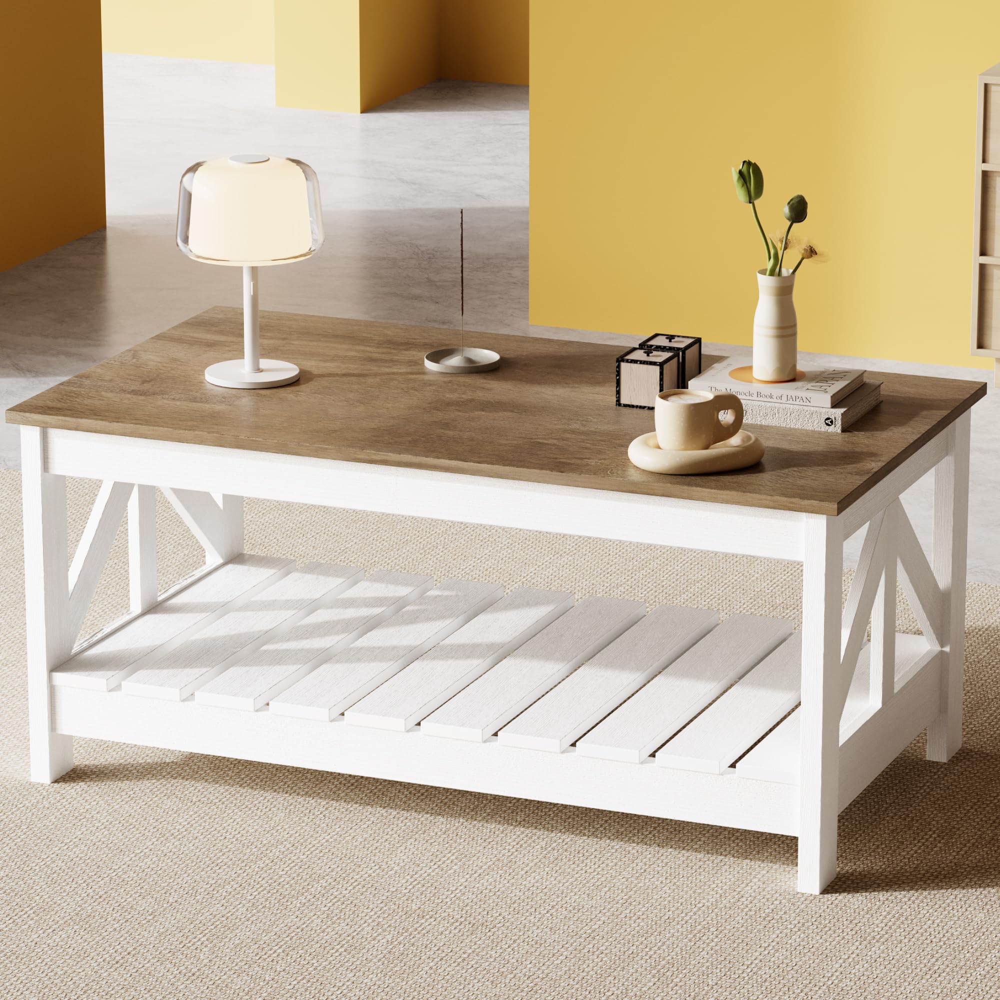 JUMMICO Square Coffee Table with Dual Storage Compartments, Modern Wood Cocktail Table for Living Room, Farmhouse Lounge & Office Reception (Gray & White)