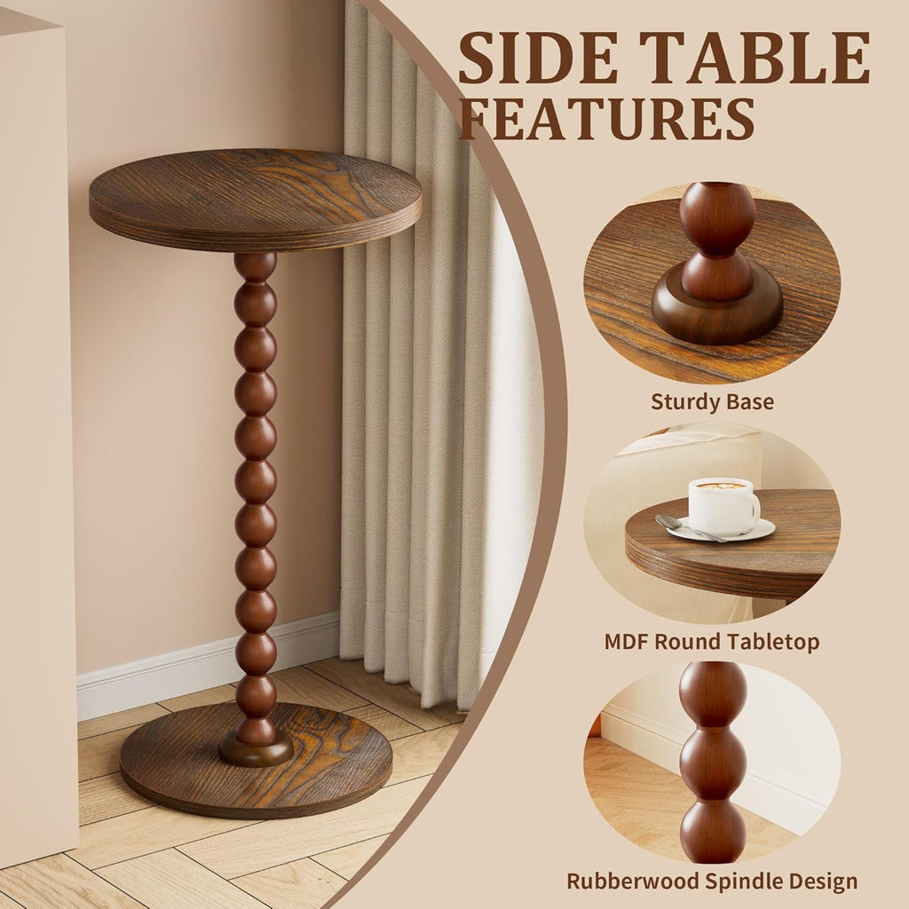 Round Side Table, Drink Table for Small Spaces, Modern Accent Nightstand with Rubberwood Leg for Living Room, Bedroom, Corners, and Office (Brown)