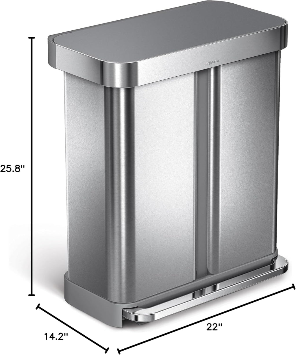 simplehuman 58 Liter / 15.3 Gallon Rectangular Dual Compartment Recycling Step, Brushed Stainless Steel with Soft-Close Plastic Lid Kitchen Trash Can