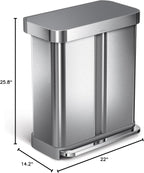 simplehuman 58 Liter / 15.3 Gallon Rectangular Dual Compartment Recycling Step, Brushed Stainless Steel with Soft-Close Plastic Lid Kitchen Trash Can