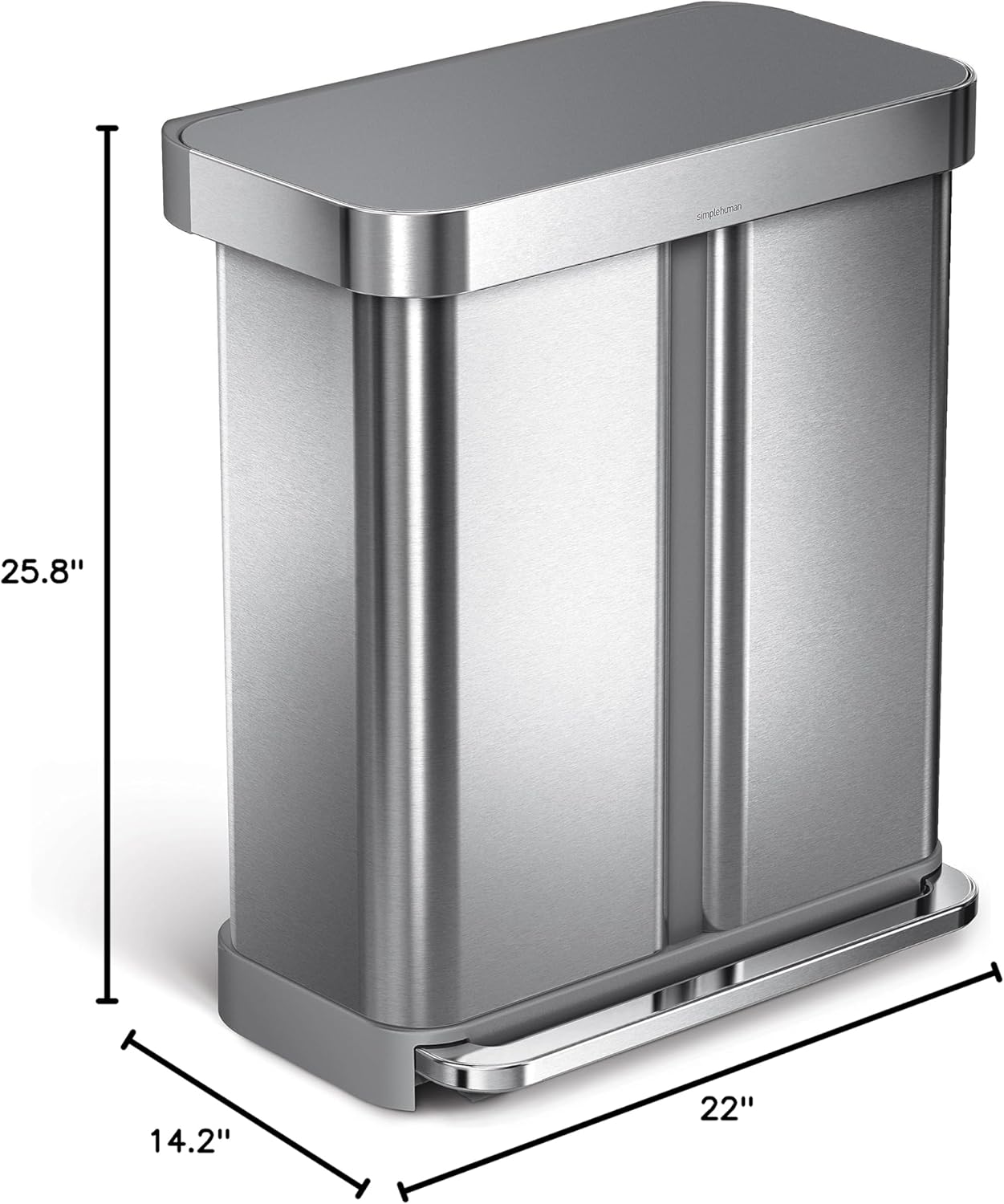 simplehuman 58 Liter / 15.3 Gallon Rectangular Dual Compartment Recycling Step, Brushed Stainless Steel with Soft-Close Plastic Lid Kitchen Trash Can