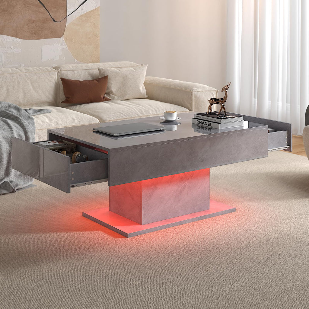 Led Coffee Table for Living Room, Living Room Table Rectangular Center Table, Modern High Glossy Wooden Coffee Tables with 16 Colors LED Lights for Dining Reception Room, White