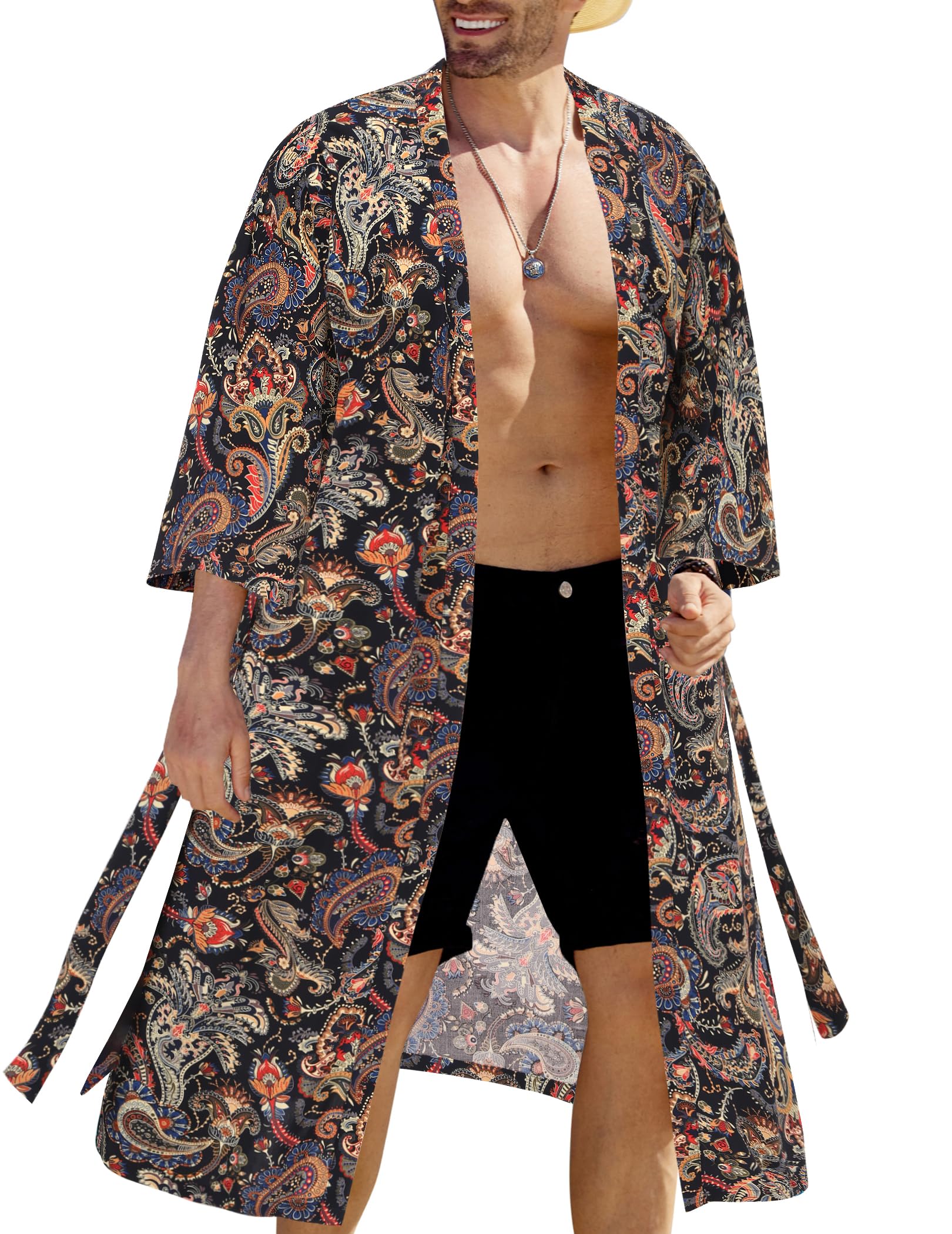COOFANDY Men's Lightweight Kimono Robe Japanese Bathrobes Open Front Long Cardigan Cloak with Belt