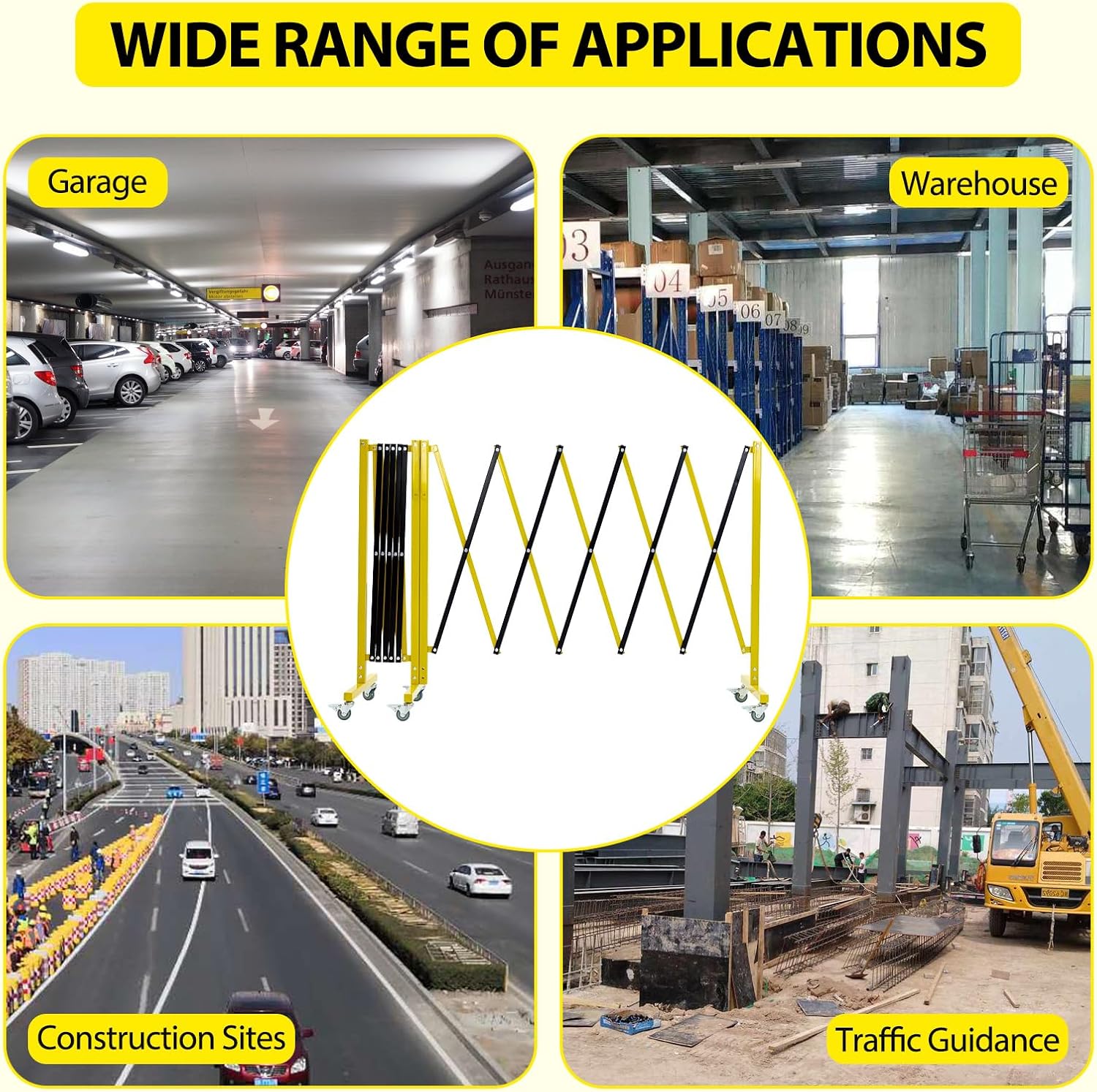 Garvee 19.8 ft Industrial Expandable Metal Barricade, Rotatable & Portable Safety Barrier with a Warning Board and Casters, Retractable Traffic Fence Mobile Safety Barrier Gate Yellow Black