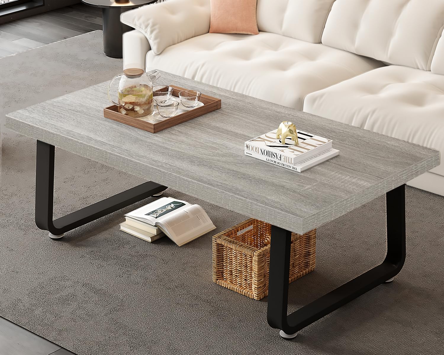 HSH Black Modern Coffee Table, Rustic Wood and Metal Center Table, Farmhouse Simple Living Room Coffee Tables, Industrial Minimalist Wooden Tea Coffee Table for Bedroom Home Office, Black Oak, 39 in