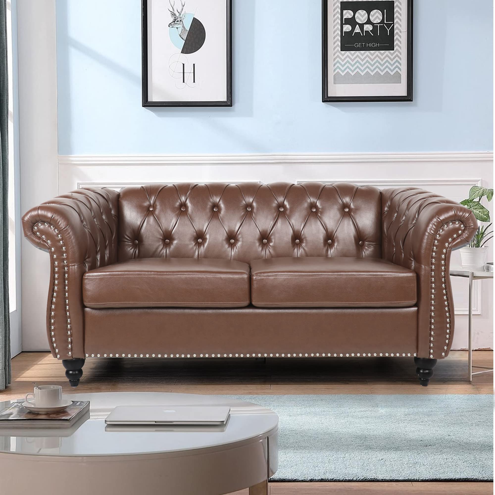 LEVNARY Chesterfield Sofa, Classic Tufted Upholstered Leather Couch, Modern 3 Seater Couch Furniture with Tufted Back for Living Room Office (Black)