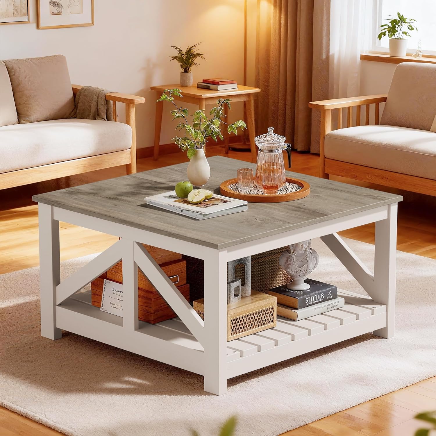 JUMMICO Square Coffee Table with Dual Storage Compartments, Modern Wood Cocktail Table for Living Room, Farmhouse Lounge & Office Reception (Gray & White)