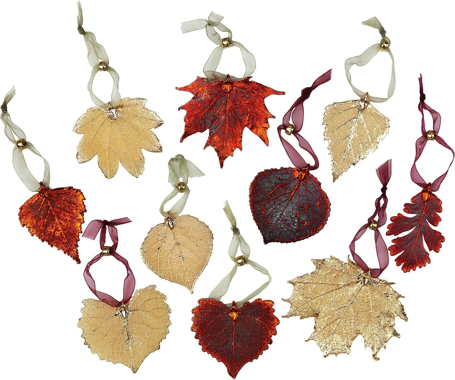 Aspen Leaf Ornaments, Set of 2 - One Copper Dipped, One Gold Dipped, Real Leaves, 2.5 Inch Length, Adjustable Ribbon Ties