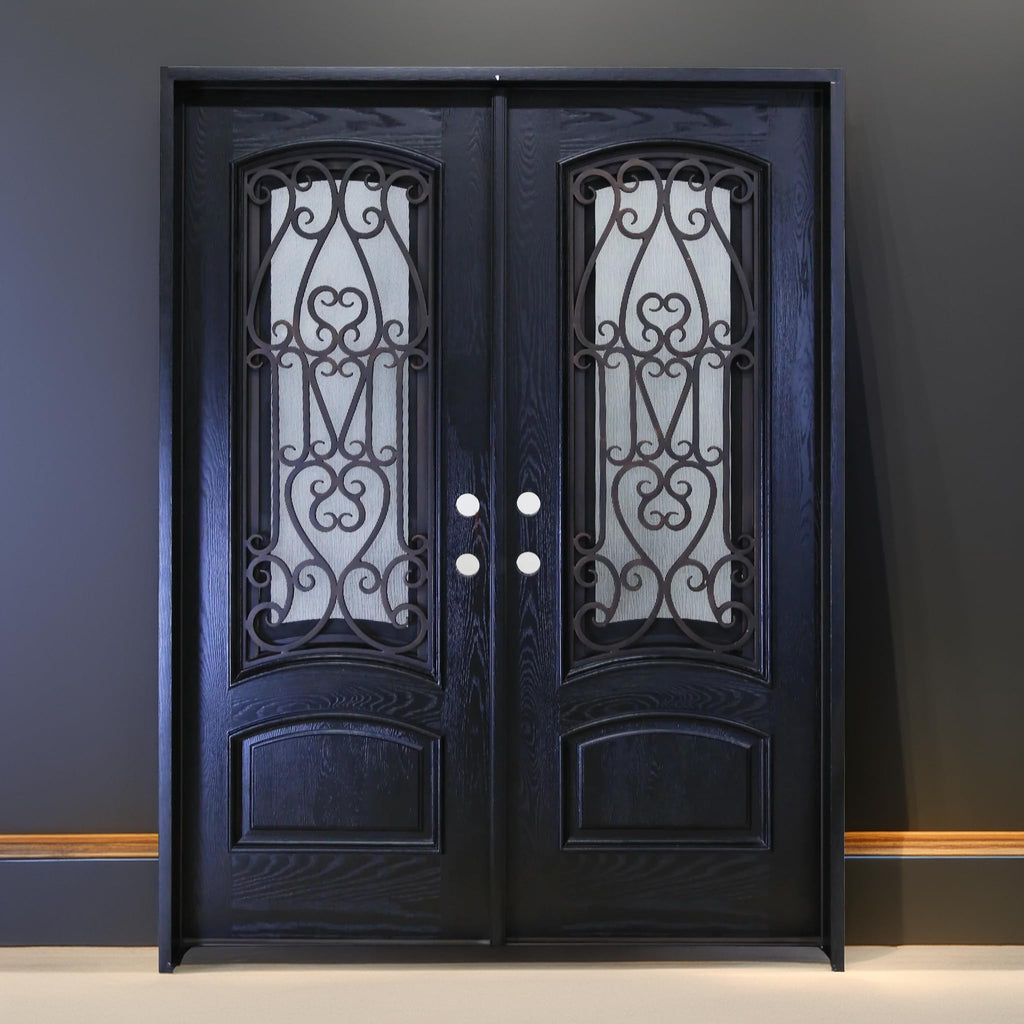 72" x 80" Environment Damage Resistant Polyurethane Composite Exterior Entry House Front Door, Wrought Iron Door w/Openable Tempered Rain Glass Window, Right-Hand Double Espresso