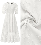 ZESICA Women's 2024 Summer Short Puff Sleeve Crewneck Smocked Floral Lace Flowy A Line Tiered Maxi Dresses,White,Medium