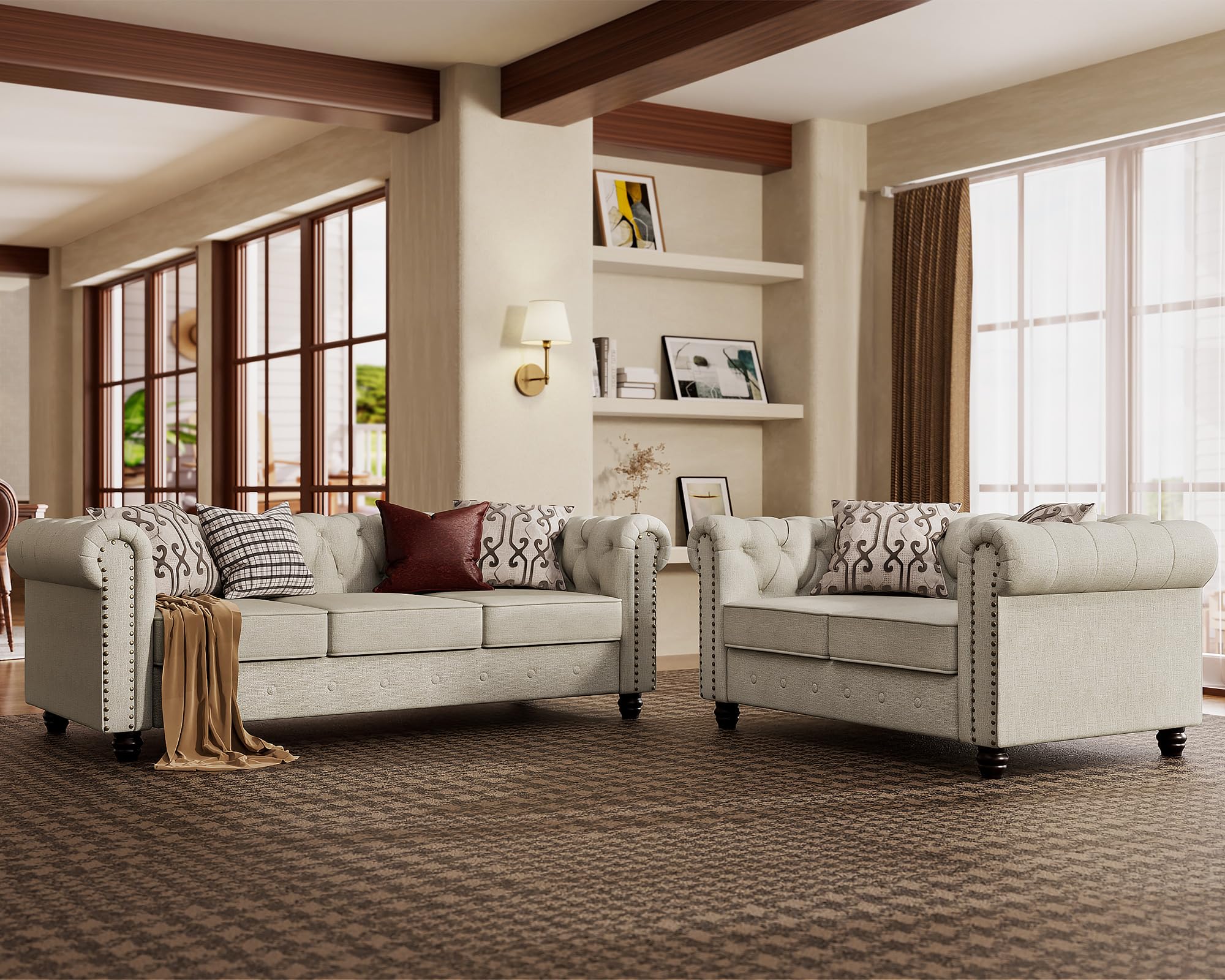 Morden Fort 2 Piece Classic Chesterfield 5-Seater Set, Tufted Loveseat & Sofa Furniture Solid Wood Legs Thick Cushion, Pet-Friendly Couch Set for Living Room Bedroom Apartment, Linen Beige